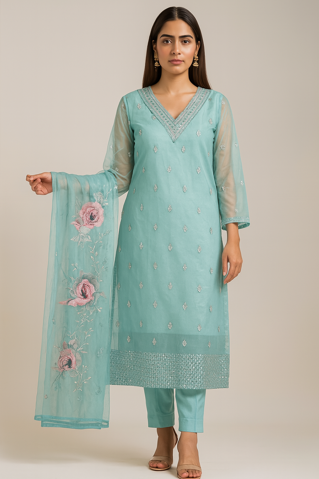 Sky Blue Jimmy Choo Suit - 3 Piece Embroidered Pakistani Dress with Dupatta - Premium Ethnic Wear | Hamnaas Outlet